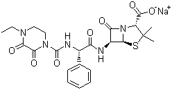 结构式 CAS# 59703-84-3, 哌拉西林钠; (2S,5R,6R)-3,3-二甲基-6-[(4-乙基-2,3-二氧代-1-哌嗪甲酰氨基)苯乙酰氨基]-7-氧代-4-硫杂-1-氮杂双环[3.2.0]庚烷-2-甲酸钠盐