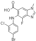 结构式 CAS# 606144-04-1, 6-(4-溴-2-氯苯基氨基)-7-氟-3-甲基-苯并咪唑-5-羧酸