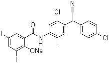 structure of CAS# 61438-64-0, Closantel sodium;Closantel sodium salt; N-[5-Chloro-4-[(chlorophenyl)cyannomethyl]-2-methylphenyl]-2-hydroxy-3,5-diiodobenzamid sodium salt