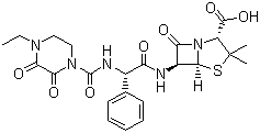 structure of CAS# 61477-96-1, Pipracil;(2S,5R,6R)-6-[[(2R)-[[(4-Ethyl-2,3-dioxo-1-piperazinyl)carbonyl]amino]phenylacetyl]amino]-3,3-dimethyl-7-oxo-4-Thia-1-azabicyclo[3.2.0]heptane-2-carboxylic acid; Piperacillin