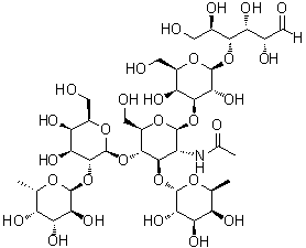 O-6-Deoxy-alpha-L-galactopyranosyl-(1→2)-O-beta-D-galactopyranosyl-(1→4)-O-[6-deoxy-alpha-L-galactopyranosyl-(1→3)]-O-2-(acetylamino)-2-deoxy-beta-D-glucopyranosyl-(1→3)-O-beta-D-galactopyranosyl-(1→4)-D-glucose molecular structure (CAS 62469-99-2)