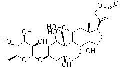 structure of CAS# 630-60-4, g-Strophanthin;(1beta,3beta,5beta,11alpha)-3-[(6-Deoxy-alpha-L-mannopyranosyl)oxy]-1,5,11,14,19-pentahydroxycard-20(22)-enolide; Acocantherin; Astrobain; Gratibain; Gratus strophanthin; Kombetin; NSC 25485; Ouabaine; Purostrophan; Rectobaina; Solufantina; Strodival; Strophalen; Strophoperm; Strophosan; Uabaina; Uabanin; g-Strophanthin; g-Strophicor