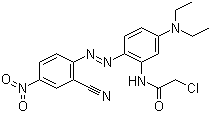 structure of CAS# 64294-88-8, Disperse Violet 63;Dispersol Violet C 3R; Foron Brilliant Violet S 3RL; Magnacron Violet S 3RL; 2-Chloro-N-[2-[2-(2-cyano-4-nitrophenyl)diazenyl]-5-(diethylamino)phenyl]acetamide