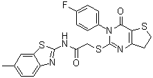 structure of CAS# 687561-60-0, 2-[[3-(4-Fluorophenyl)-3,4,6,7-tetrahydro-4-oxothieno[3,2-d]pyrimidin-2-yl]thio]-N-(6-methyl-2-benzothiazolyl)acetamide;IWP 3