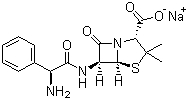结构式 CAS# 69-52-3, 氨苄西林钠; 氨苄青霉素钠; (2S,5R,6R)-3,3-二甲基-6-[(R)-2-氨基-2-苯乙酰氨基]-7-氧代-4-硫杂-1-氮杂双环[3.2.0]庚烷-2-甲酸钠盐