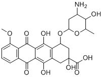 structure of CAS# 69429-21-6, 9-Carboxy Doxorubicin Impurity;4-(4-amino-5-hydroxy-6-methyloxan-2-yl)oxy-2,5,12-trihydroxy-7-methoxy-6,11-dioxo-3,4-dihydro-1H-tetracene-2-carboxylic acid