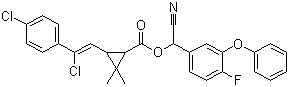 结构式 CAS# 69770-45-2, 氟氯苯菊酯; 反式-3-(2-氯-2-(4-氯苯基)乙烯基)-2,2-二甲基环丙烷羧酸氰基(4-氟-3-苯氧基苯基)甲基酯