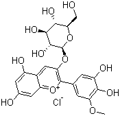 structure of CAS# 6988-81-4, Petunidin 3-O-glucoside chloride;2-(3,4-Dihydroxy-5-methoxyphenyl)-3-(beta-D-glucopyranosyloxy)-5,7-dihydroxy-1-benzopyrylium chloride