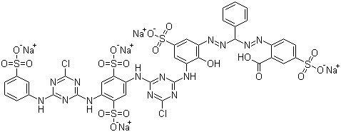 structure of CAS# 71872-76-9, Reactive Blue 160;2-[2-[[2-[3-[[4-Chloro-6-[[4-[[4-chloro-6-[(3-sulfophenyl)amino]-1,3,5-triazin-2-yl]amino]-2,5-disulfophenyl]amino]-1,3,5-triazin-2-yl]amino]-2-hydroxy-5-sulfophenyl]diazenyl]phenylmethyl]diazenyl]-5-sulfobenzoic acid sodium salt; Blue H-ERD; C.I. 137160; Evercion Blue H-ERD; Procion Blue H-ERD