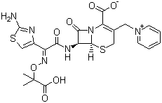 structure of CAS# 72558-82-8, Ceftazidime ;1-[[(6R,7R)-7-[[(2Z)-(2-Amino-4-thiazolyl)[(1-carboxy-1-methylethoxy)imino] acetyl] amino]-2-carboxy-8-oxo-5-thia-1-azabicyclo[4.2.0] oct-2-en-3-yl]methyl]pyridinum hydroxide inner salt