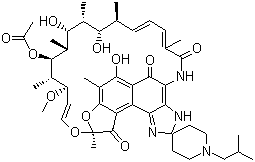 structure of CAS# 72559-06-9, Rifabutin;Collagen proline hydroxylase inhycobutin; (9S,12E,14S,15R,16S,17R,18R,19R,20S,21S,22E,24Z)-6,16,18,20-Tetrahydroxy-1'-isobutyl-14-methoxy-7,9,15,17,19,21,25-hepta-methyl-spiro[9,4-(epoxypentadeca[1,11,13]trienimino)-2H-furo-[2',3':7,8]-naphth[1,2-d]imidazol-2,4'-piperidin]-5,10,26-(3H,9H)-trione