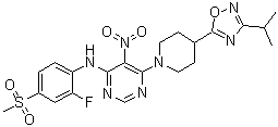 structure of CAS# 733750-99-7, AR 231453;[2-Fluoro-4-(methanesulfonyl)phenyl][6-[4-(3-isopropyl-[1,2,4]oxadiazol-5-yl)piperidin-1-yl]-5-nitropyrimidin-4-yl]amine