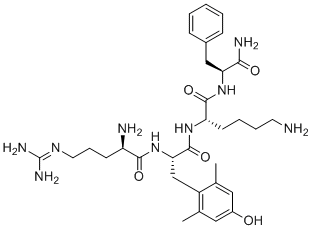 structure of CAS# 736992-21-5, Elamipretide;(2S)-6-amino-2-[[(2S)-2-[[(2R)-2-amino-5-(diaminomethylideneamino)pentanoyl]amino]-3-(4-hydroxy-2,6-dimethylphenyl)propanoyl]amino]-N-[(2S)-1-amino-1-oxo-3-phenylpropan-2-yl]hexanamide