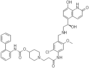 structure of CAS# 743461-65-6, Batefenterol;Biphenyl-2-ylcarbamic acid 1-[2-[[2-chloro-4-[[[(R)-2-hydroxy-2-(8-hydroxy-2-oxo-1,2-dihydroquinolin-5-yl)ethyl]amino]methyl]-5-methoxyphenyl]carbamoyl]ethyl]piperidin-4-yl ester; GSK 961081A