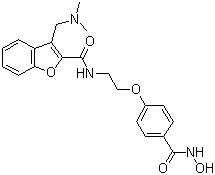 structure of CAS# 783355-60-2, PCI 24781;3-[(Dimethylamino)methyl]-N-[2-[4-[(hydroxyamino)carbonyl]phenoxy]ethyl]-2-benzofurancarboxamide