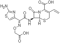结构式 CAS# 79350-37-1, 头孢克肟; 7-[(Z)-2-(2-氨基-4-噻唑基)-2-(羧甲氧亚胺基)乙酰氨基]-8-氧代-3-乙烯-5-硫杂-1-氮杂二环[4,2,0]-辛-2-烯-2-羧酸