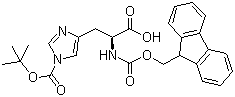 structure of CAS# 81379-52-4, 1-[(1,1-Dimethylethoxy)carbonyl]-N-[(9H-fluoren-9-ylmethoxy)carbonyl]-L-histidine