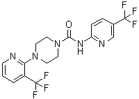 structure of CAS# 821768-06-3, 4-[3-(Trifluoromethyl)-2-pyridinyl]-N-[5-(trifluoromethyl)-2-pyridinyl]-1-piperazinecarboxamide;4-[3-Trifluoromethyl)pyridin-2-yl]piperazine-1-carboxylic acid [5-(trifluoromethyl)pyridin-2-yl]amide; JNJ 17203212