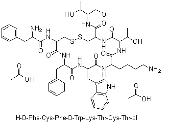 structure of CAS# 83150-76-9, Octreotide acetate;[R-(R*,R*)]-D-Phenylalanyl-L-cysteinyl-L-phenylalanyl-D-tryptophyl-L-lysyl-L-threonyl-N-[2-hydroxy-1-(hydroxy-methyl)propyl]-cysteinamide cyclic(2->7)-disulfide