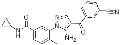 structure of CAS# 836683-15-9, Acumapimod;3-[5-Amino-4-(3-cyanobenzoyl)-1H-pyrazol-1-yl]-N-cyclopropyl-4-methylbenzamide; 3-[5-Amino-4-(3-cyanobenzoyl)pyrazol-1-yl]-N-cyclopropyl-4-methylbenzamide