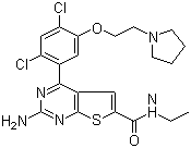 结构式 CAS# 847559-80-2, NVP-BEP 800; 2-氨基-4-[2,4-二氯-5-[2-(1-吡咯烷基)乙氧基]苯基]-N-乙基噻吩并[2,3-d]嘧啶-6-甲酰胺