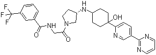 structure of CAS# 857679-55-1, INCB 8761;PF-4136309; N-[2-[(3S)-3-[[4-Hydroxy-4-[5-(pyrimidin-2-yl)pyridin-2-yl]cyclohexyl]amino]pyrrolidin-1-yl]-2-oxoethyl]-3-(trifluoromethyl)benzamide
