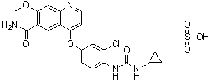 structure of CAS# 857890-39-2, Lenvatinib mesylate;4-[3-Chloro-4-[[(cyclopropylamino)carbonyl]amino]phenoxy]-7-methoxy-6-quinolinecarboxamide monomethanesulfonate; E 7080 mesylate