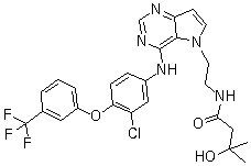 结构式 CAS# 871026-44-7, TAK 285; N-[2-[4-[[3-氯-4-[3-(三氟甲基)苯氧基]苯基]氨基]-5H-吡咯并[3,2-d]嘧啶-5-基]乙基]-3-羟基-3-甲基丁酰胺