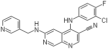 结构式 CAS# 871307-18-5, 4-[(3-氯-4-氟苯基)氨基]-6-[(3-吡啶甲基)氨基]-1,7-萘啶-3-甲腈