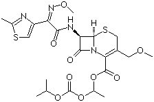 结构式 CAS# 87239-81-4, 头孢泊肟酯; (6R,7R)-7-[2-(2-氨基噻唑-4-基)-2-(Z)-(甲氧亚氨基)-乙酰胺基]-3-甲氧甲基-8-氧代-5-硫-1-氮杂双环-[4,2,0]辛-2-烯-2-甲酸异丙氧羰氧乙基酯