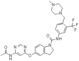 structure of CAS# 882405-89-2, 5-[[6-(Acetylamino)-4-pyrimidinyl]oxy]-2,3-dihydro-N-[4-[(4-methyl-1-piperazinyl)methyl]-3-(trifluoromethyl)phenyl]-1H-indole-1-carboxamide