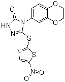structure of CAS# 883065-90-5, 4-(2,3-Dihydro-1,4-benzodioxin-6-yl)-2,4-dihydro-5-[(5-nitro-2-thiazolyl)thio]-3H-1,2,4-triazol-3-one;BI 78D3