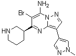 structure of CAS# 891494-64-7, 6-Bromo-3-(1-methyl-1H-pyrazol-4-yl)-5-(3S)-3-piperidinylpyrazolo[1,5-a]pyrimidin-7-amine;MK-8776
