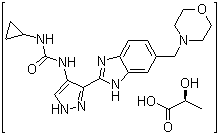 结构式 CAS# 896466-76-5, (2S)-2-羟基丙酸和 N-环丙基-N'-[3-[6-(4-吗啉基甲基)-1H-苯并咪唑-2-基]-1H-吡唑-4-基]脲的化合物