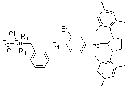 结构式 CAS# 900169-53-1, [1,3-双(2,4,6-三甲基苯基)-2-咪唑烷亚基]双(2-溴吡啶)(苯基亚甲基)二氯化钌