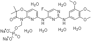 结构式 CAS# 914295-16-2, 6-[[5-氟-2-[(3,4,5-三甲氧基苯基)氨基]-4-嘧啶基]氨基]-2,2-二甲基-4-[(磷酰氧)甲基]-2H-吡啶并[3,2-b]-1,4-恶嗪-3(4H)-酮二钠盐六水合物