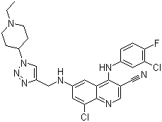 结构式 CAS# 915363-56-3, 8-氯-4-[(3-氯-4-氟苯基)氨基]-6-[[[1-(1-乙基哌啶-4-基)-1H-1,2,3-三唑-4-基]甲基]氨基]喹啉-3-甲腈