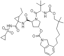 structure of CAS# 923590-37-8, Vaniprevir;MK 7009; (1R,2R)-N-[[[6-(2-Carboxy-2,3-dihydro-1H-isoindol-4-yl)-2,2-dimethylhexyl]oxy]carbonyl]-3-methyl-L-valyl-(4R)-4-hydroxy-L-prolyl-1-amino-N-(cyclopropylsulfonyl)-2-ethylcyclopropanecarboxamide (1-2)-lactone