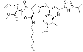 结构式 CAS# 923604-56-2, (1R,2S)-2-乙烯基-1-[[[(1R,2R,4R)-2-[(5-己烯-1-基甲基氨基)羰基]-4-[[7-甲氧基-8-甲基-2-[4-异丙基-2-噻唑基]-4-喹啉基]氧基]环戊基]羰基]氨基]环丙烷羧酸乙酯