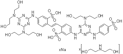 5-[[4,6-bis[bis(2-hydroxyethyl)amino]-1,3,5-triazin-2-yl]amino]-2-[2-[4-[[4-[Bis(2-hydroxyethyl)amino]-6-[(4-sulfophenyl)amino]-1,3,5-triazin-2-yl]amino]-2-sulfophenyl]ethenyl]benzenesulfonic acid sodium salt compd. with 2,2'-iminobis[ethanol] molecular structure (CAS 93965-03-8)
