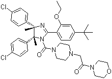 结构式 CAS# 939983-14-9, rel-2-[4-[[(4R,5S)-4,5-双(4-氯苯基)-2-[4-(1,1-二甲基乙基)-2-乙氧基苯基]-4,5-二氢-4,5-二甲基-1H-咪唑-1-基]羰基]-1-哌嗪基]-1-(4-吗啉基)乙酮