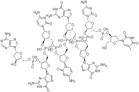 Thymidylyl-(3'→5')-2'-deoxycytidylyl-(3'→5')-2'-deoxyguanylyl-(3'→5')-2'-deoxyguanylyl-(3'→5')-2'-deoxycytidylyl-(3'→5')-2'-deoxycytidylyl-(3'→5')-2'-deoxyguanylyl-(3'→5')-2'-deoxy-adenosine molecular structure (CAS 94042-83-8)