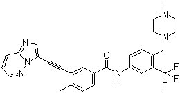 结构式 CAS# 943319-70-8, Ponatinib; AP 24534; 3-(2-咪唑并[1,2-b]哒嗪-3-乙炔基)-4-甲基-N-[4-[(4-甲基-1-哌嗪基)甲基]-3-(三氟甲基)苯基]苯甲酰胺