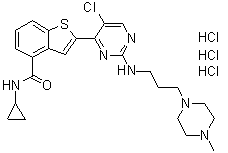 structure of CAS# 946518-60-1, 2-[5-Chloro-2-[[3-(4-methyl-1-piperazinyl)propyl]amino]-4-pyrimidinyl]-N-cyclopropylbenzo[b]thiophene-4-carboxamide trihydrochloride;LY 2409881