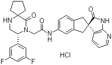 structure of CAS# 957116-20-0, MK 3207 hydrochloride;(8R)-8-(3,5-Difluorophenyl)-10-oxo-N-[(2R)-1,1',2',3-tetrahydro-2'-oxospiro[2H-indene-2,3'-[3H]pyrrolo[2,3-b]pyridin]-5-yl]-6,9-diazaspiro[4.5]decane-9-acetamide hydrochloride