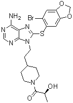 structure of CAS# 958025-66-6, (2S)-1-[4-[2-[6-Amino-8-[(6-bromo-1,3-benzodioxol-5-yl)thio]-9H-purin-9-yl]ethyl]-1-piperidinyl]-2-hydroxy-1-propanone;MPC 3100