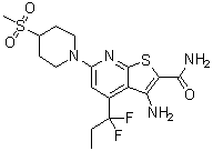 3-Amino-4-(1,1-difluoropropyl)-6-(4-methylsulfonylpiperidin-1-yl)thieno[2,3-b]pyridine-2-carboxamide molecular structure (CAS 960293-88-3)